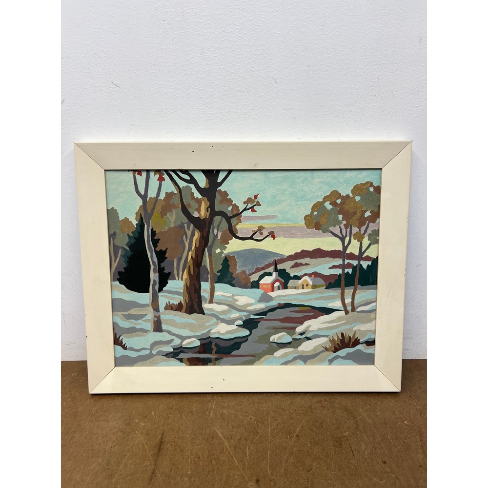 Vintage Winter Paint By Number Framed Landscape Snow Mid Century Wall Art PBN